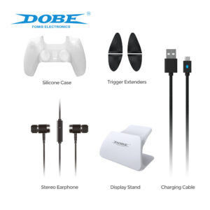 For PS5 TP5-0579 8 in 1 Gaming Set Silicone Case Charging Cable Stereo Earphone Trigger Extenders Display Stand